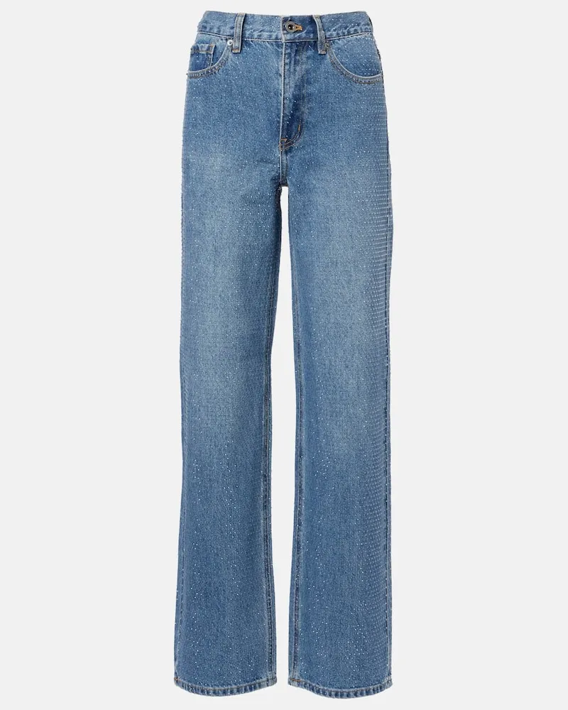 Self-Portrait High-Rise Straight Jeans mit Kristallen Blau