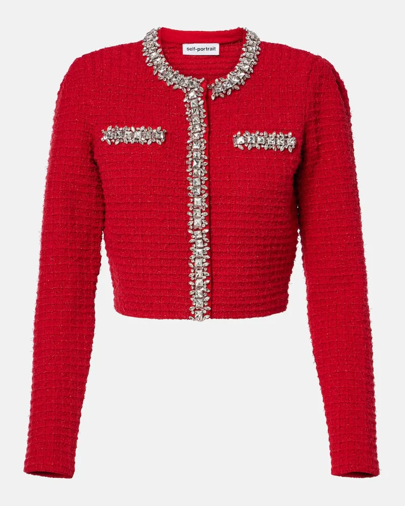 Self-Portrait Cardigan aus Bouclé mit Kristallen Rot