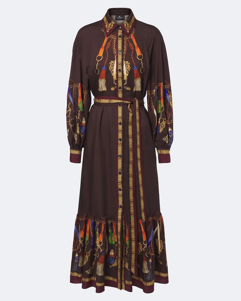 Etro Bedrucktes Hemdblusenkleid aus Wolle und Seide Braun