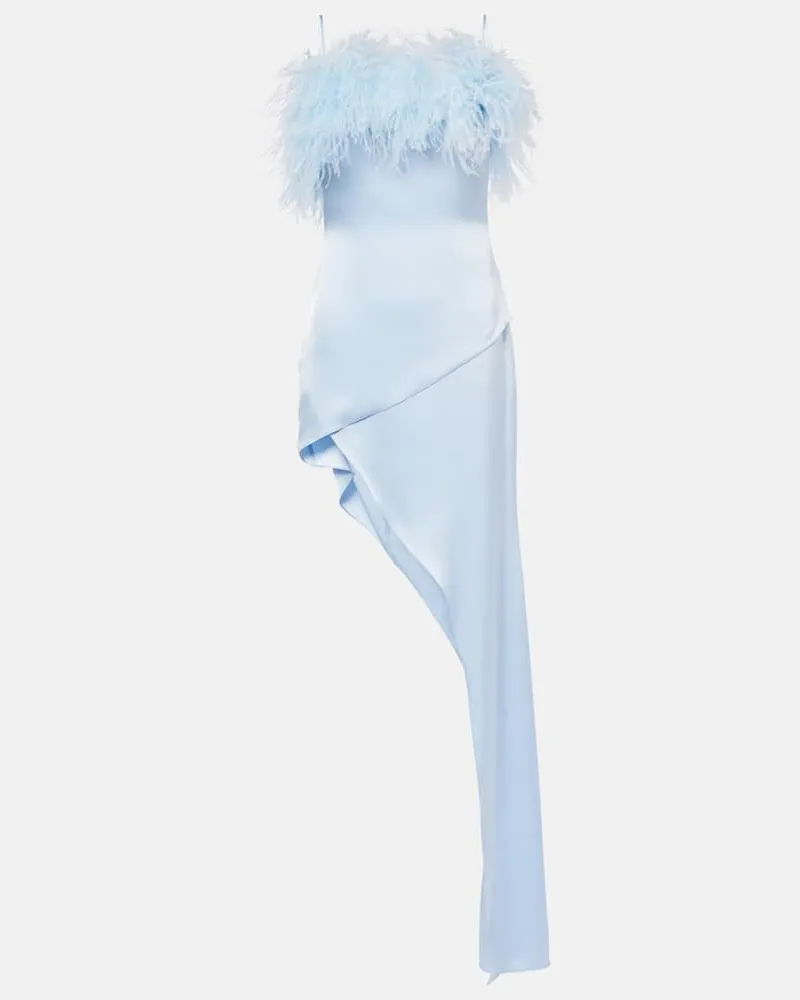 David Koma Cocktailkleid aus Satin mit Federn Blau