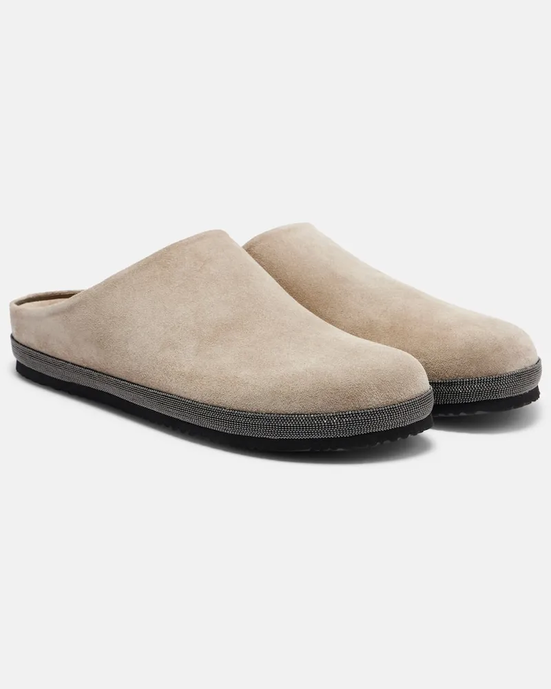 Brunello Cucinelli Slippers Monili aus Veloursleder Beige