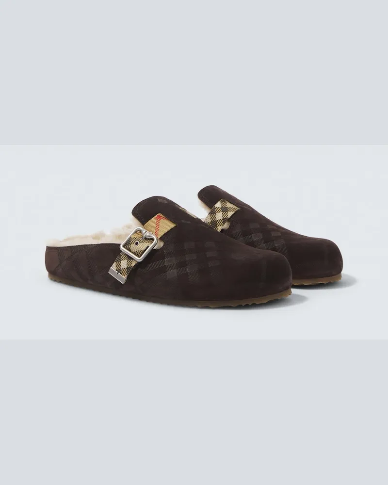 Burberry Clogs Urchin aus Veloursleder und Shearling Braun