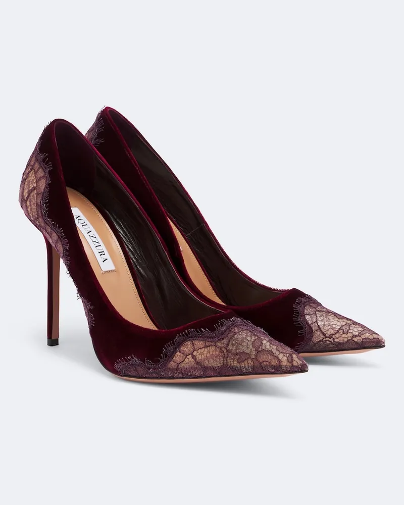 Aquazzura Pumps Meadow aus Samt mit Spitze Burgunderrot