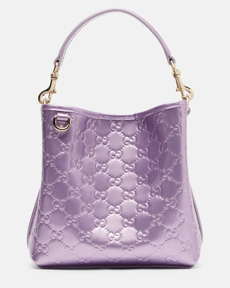Gucci Bucket Bag GG Emblem Medium aus Metallic-Leder Lila