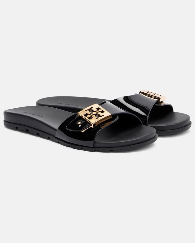 Tory Burch Pantoletten Double T aus Lacklederimitat Schwarz