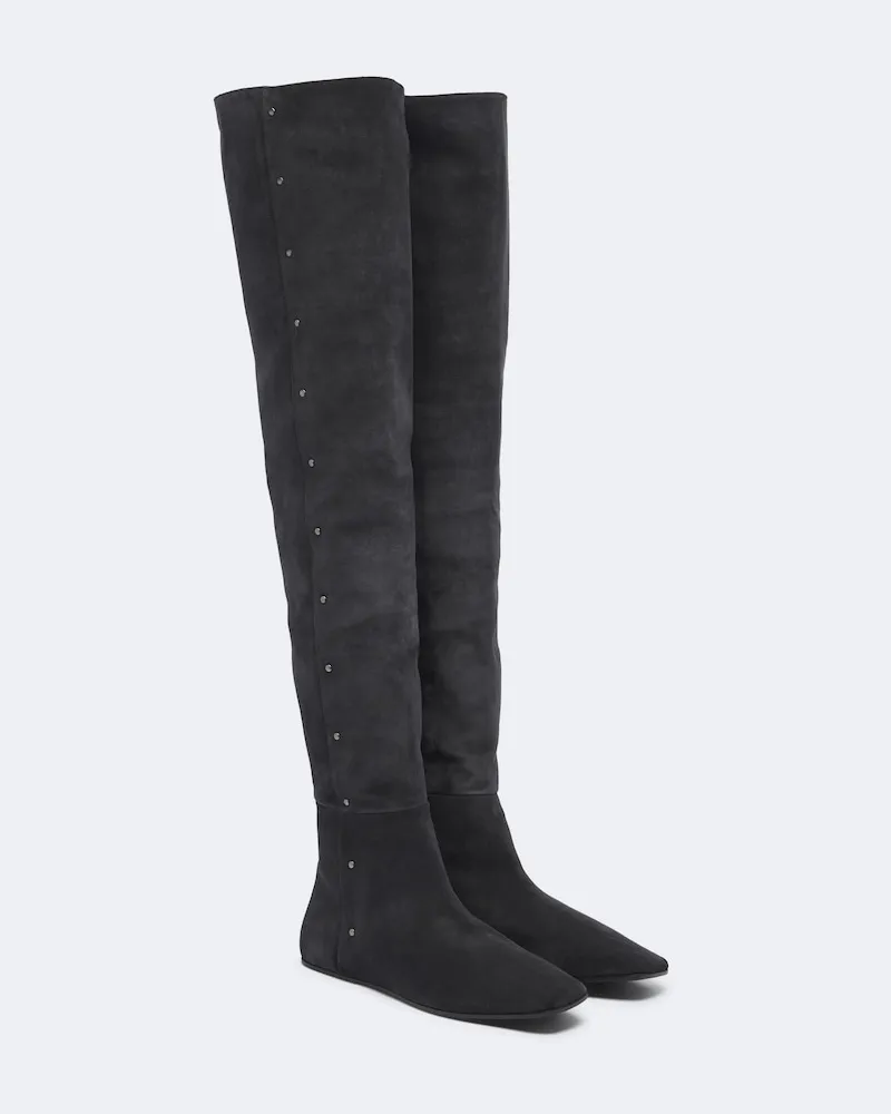 Max Mara Verzierte Overknee-Stiefel aus Veloursleder Grau
