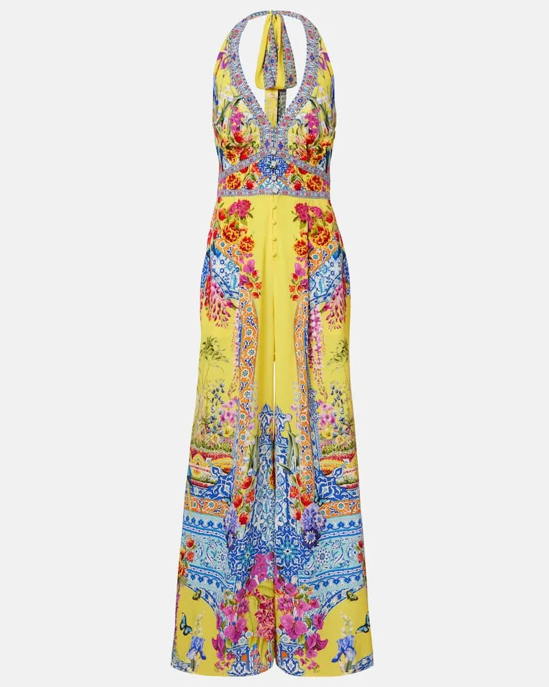 Camilla Jumpsuit aus Seiden-Crêpe mit Kristallen Gelb