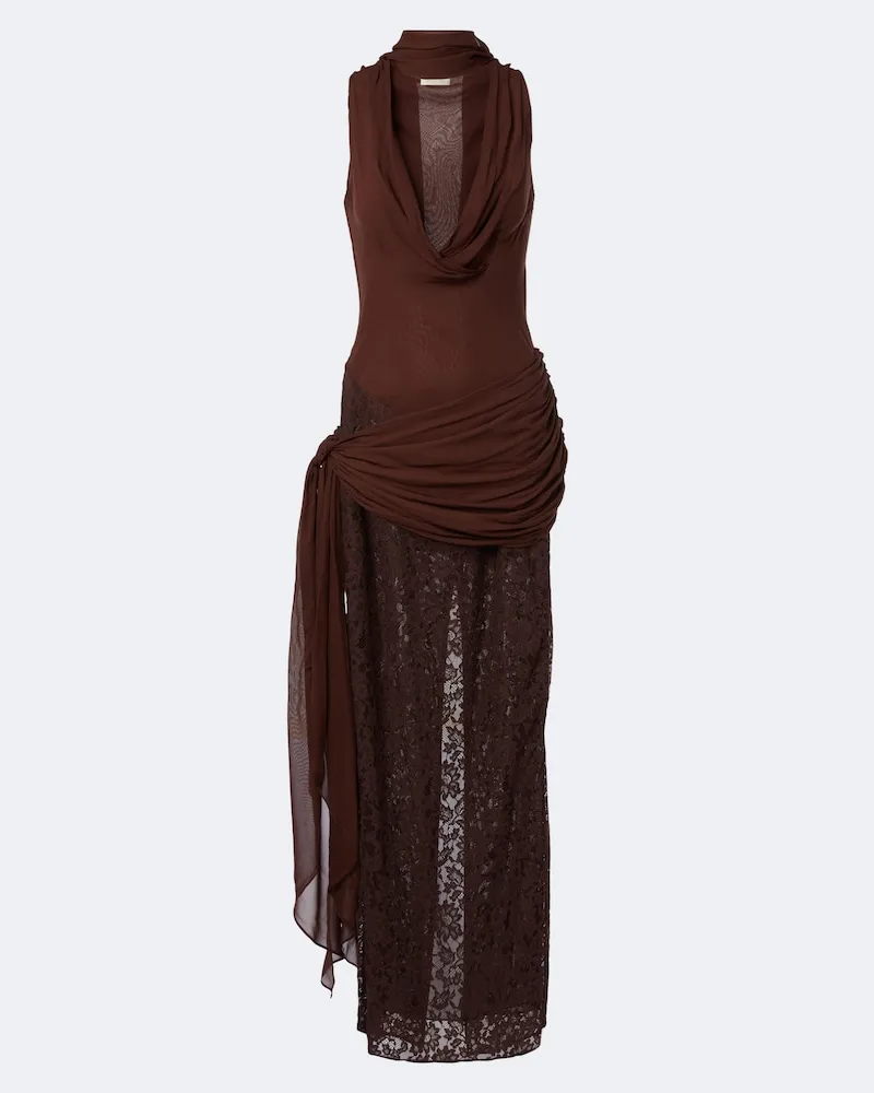 De La Vali Maxikleid Rosa aus Georgette mit Spitze Braun