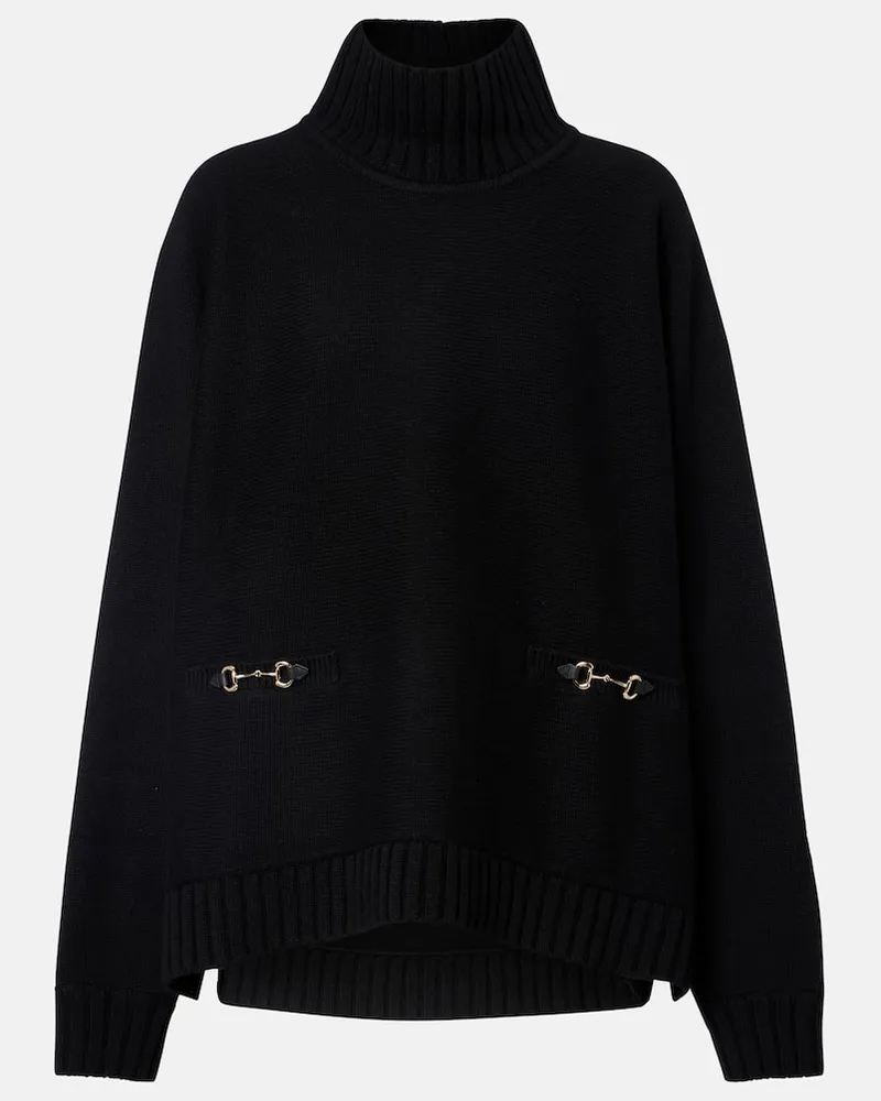 Gucci Rollkragenpullover Horsebit aus Wolle und Kaschmir Schwarz
