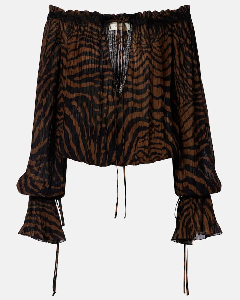 Blumarine Bedrucktes Off-Shoulder-Top aus Chiffon Braun