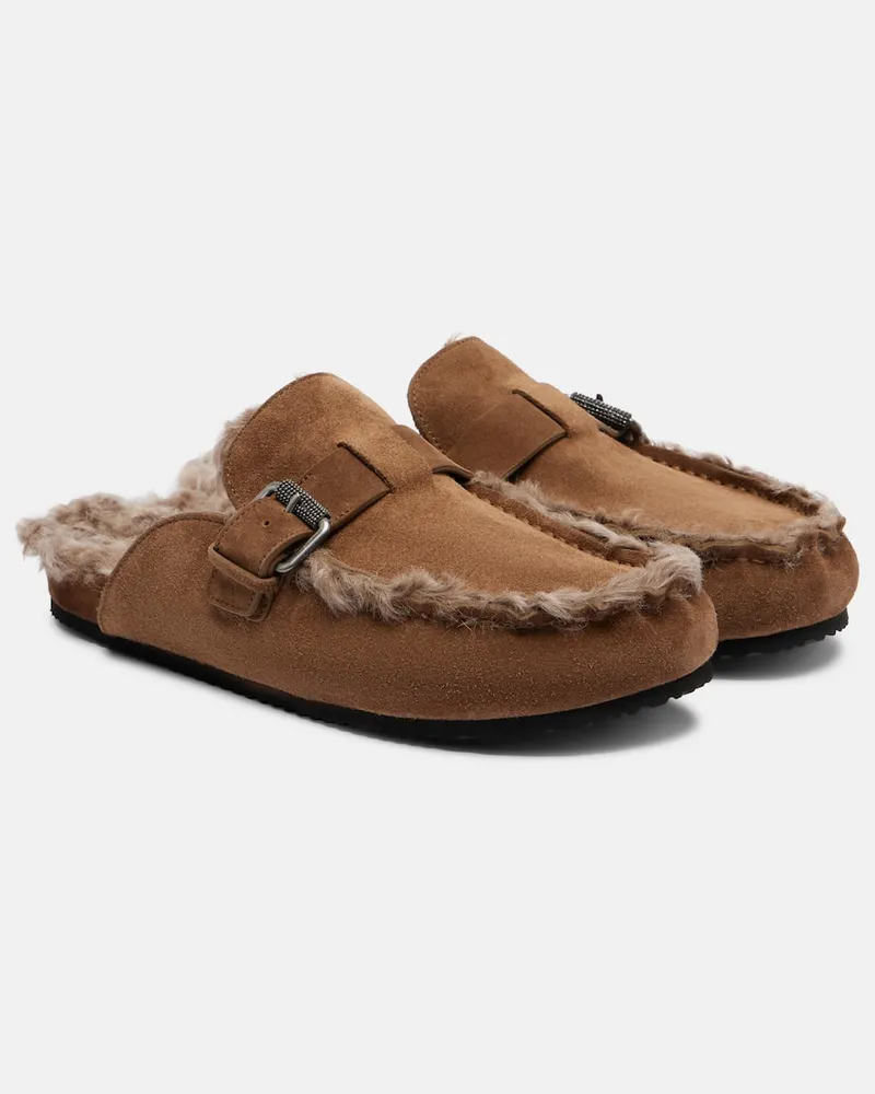 Brunello Cucinelli Slippers aus Veloursleder mit Shearling Braun