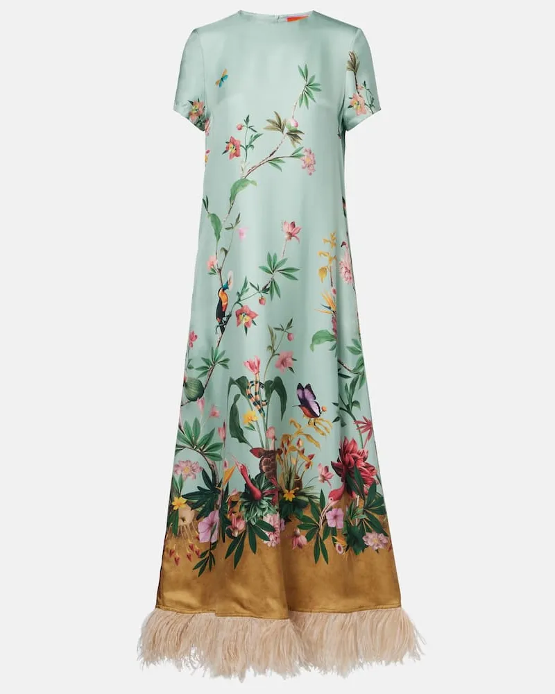 La DoubleJ Maxikleid Swing aus Seiden-Twill mit Federn Grün