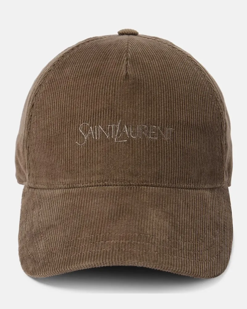 Saint Laurent Bestickte Baseballcap aus Baumwoll-Cord Beige