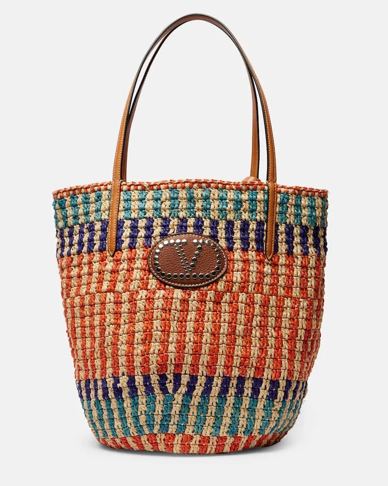 Valentino Garavani Tote Bag VLogo aus Raffiabast mit Leder Multicolor