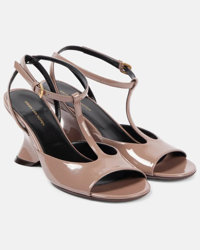 Dries van Noten Wedge-Sandalen 75 aus Lackleder Braun