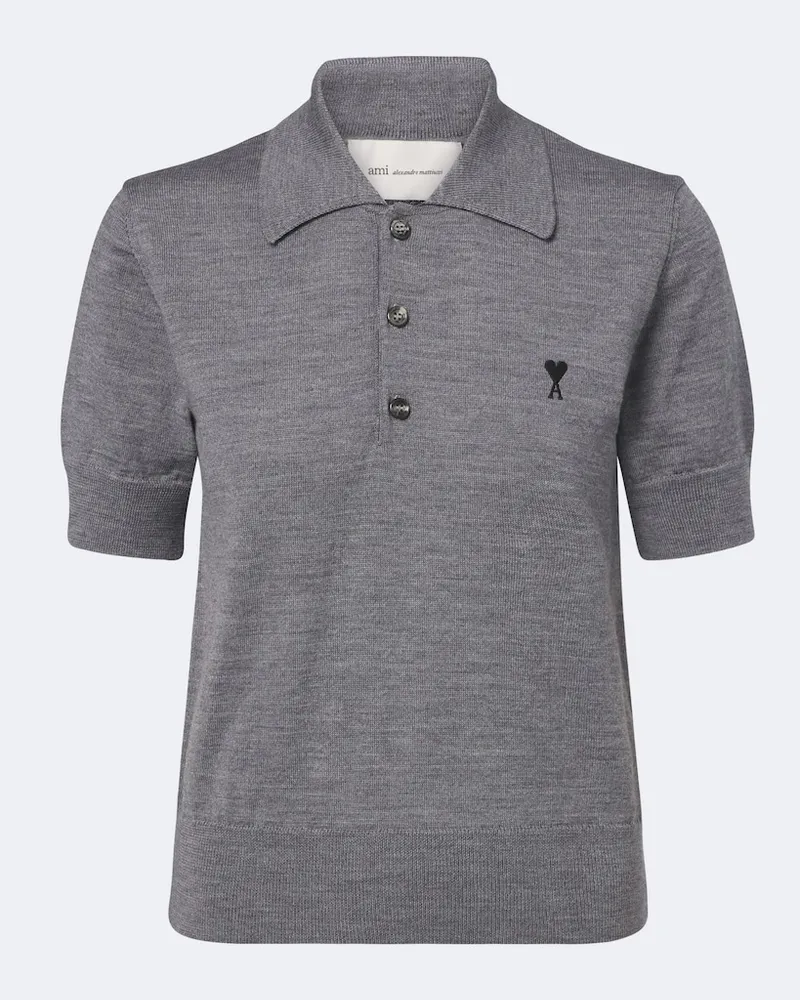 AMI Paris Poloshirt Ami de Coeur aus Wolle Grau