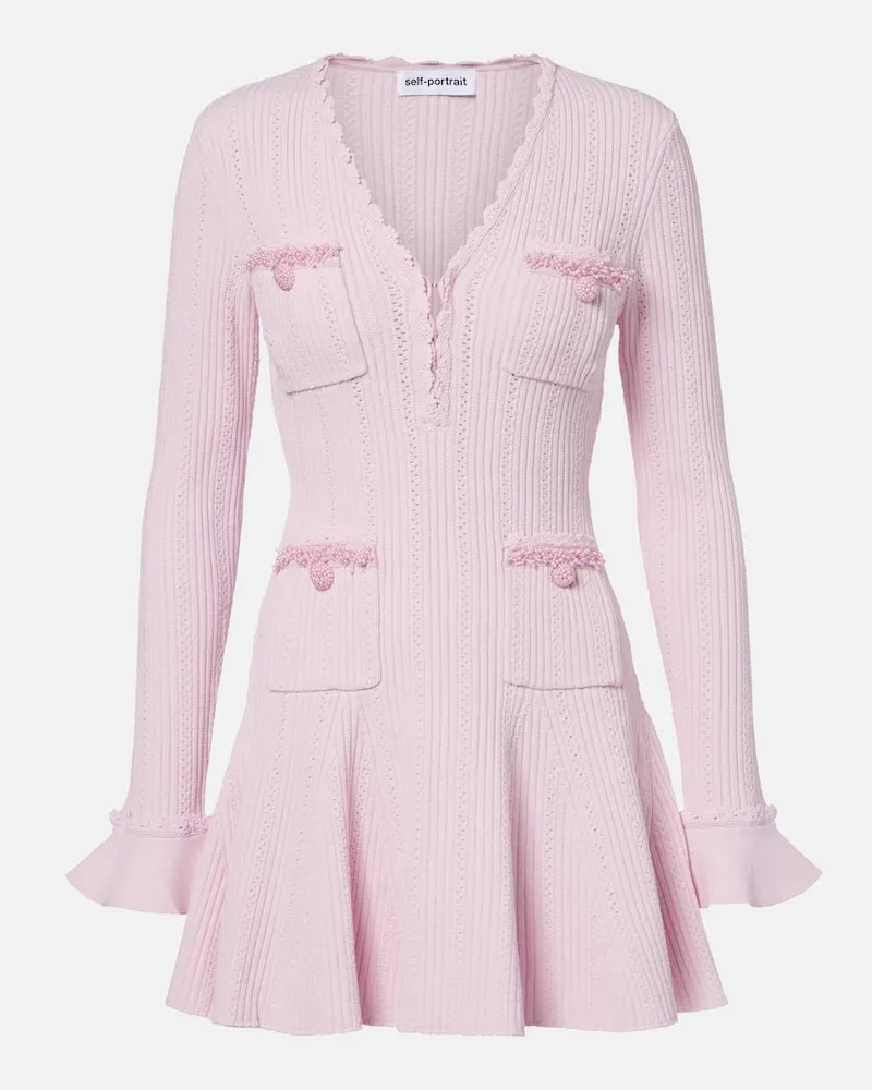 Self-Portrait Verziertes Minikleid aus Rippstrick Rosa