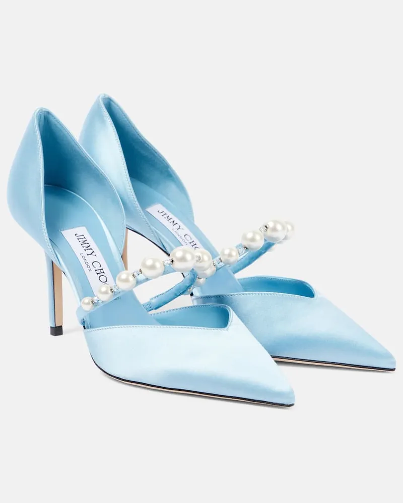 Jimmy Choo Pumps Aurelie 85 aus Satin mit Zierperlen Blau