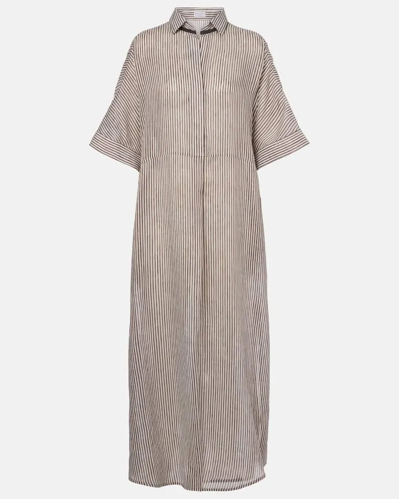 Brunello Cucinelli Hemdblusenkleid aus Leinen und Seide Weiß