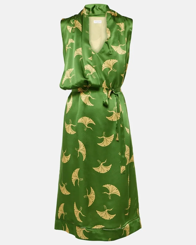 Dries van Noten Bedrucktes Wickelkleid aus Seidensatin Grün