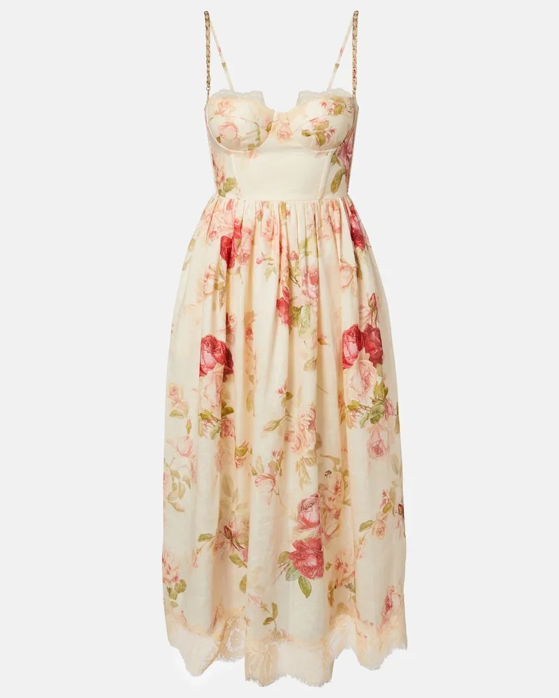 Zimmermann Midikleid Roselight aus Leinen mit Spitze Beige