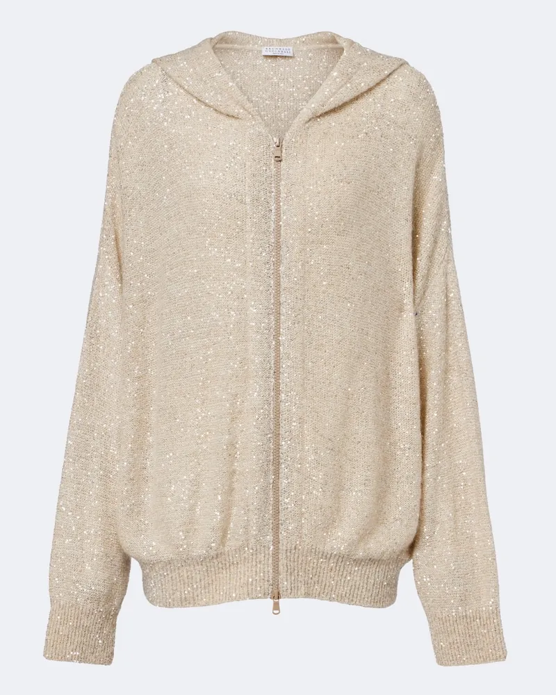 Brunello Cucinelli Kapuzenjacke aus Strick mit Pailletten Weiß