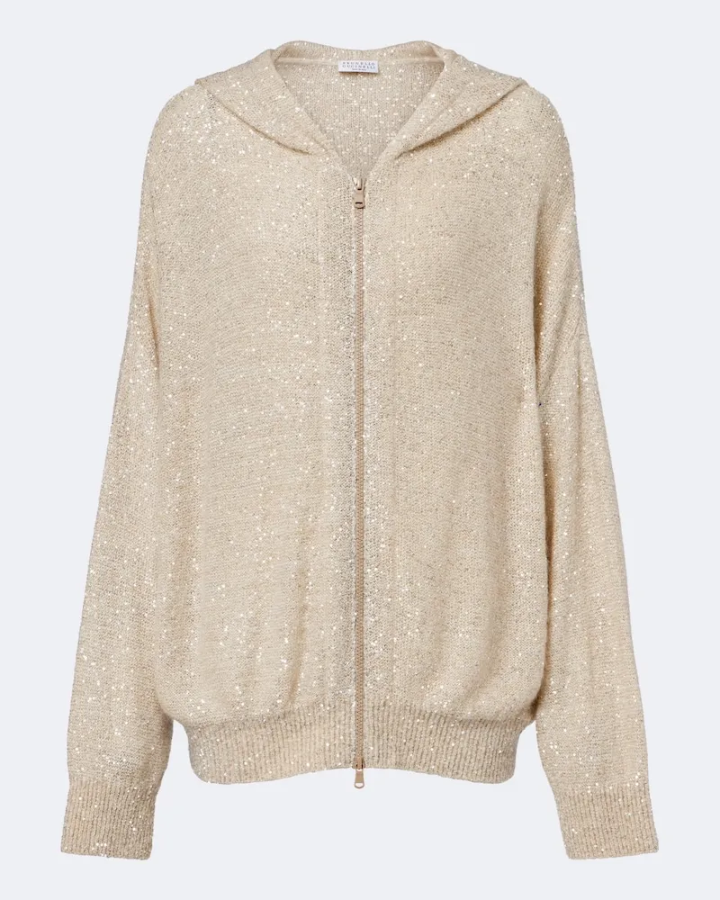 Brunello Cucinelli Kapuzenjacke aus Strick mit Pailletten Weiß