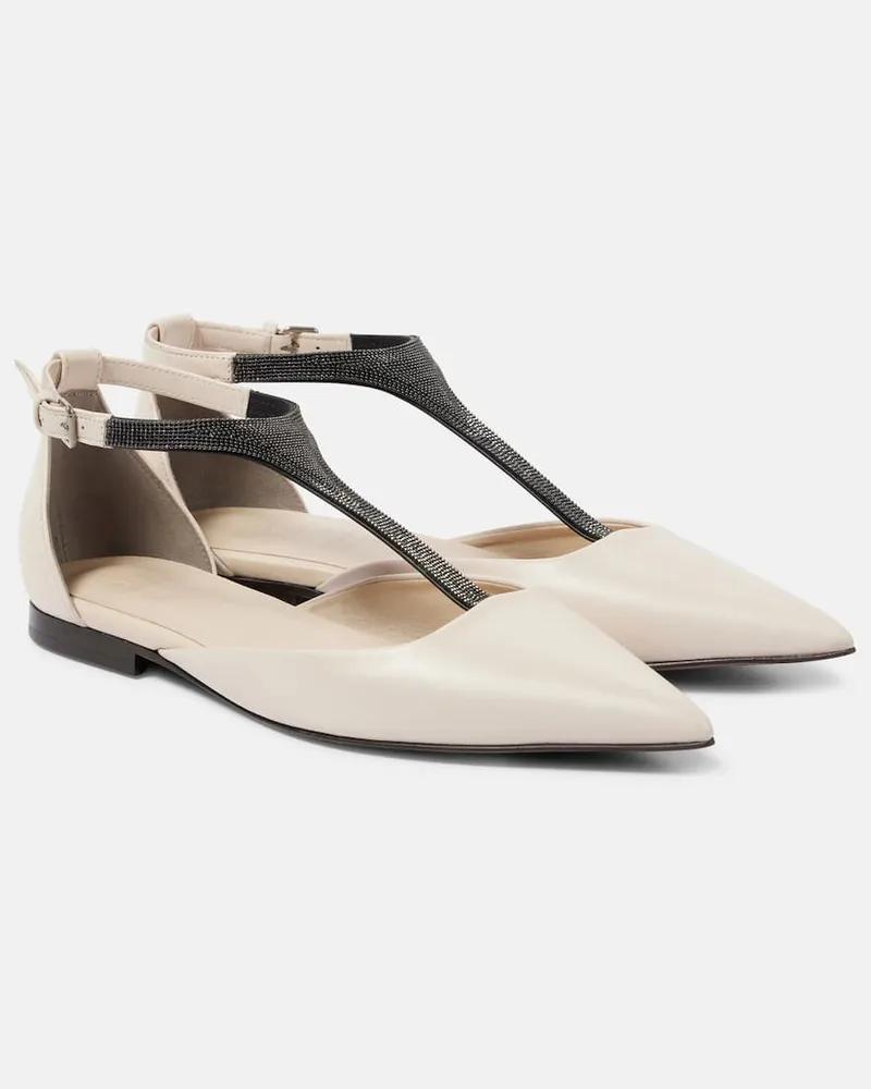 Brunello Cucinelli Verzierte Ballerinas aus Leder Weiß