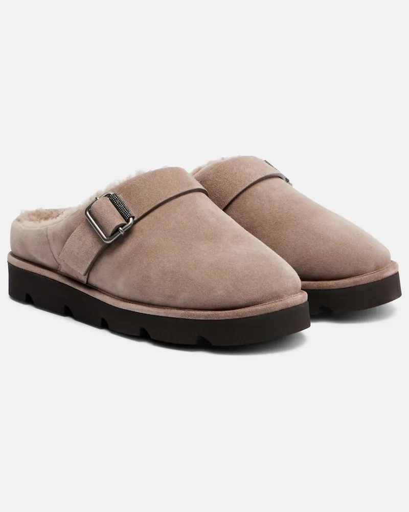 Brunello Cucinelli Slippers Monili aus Veloursleder Beige