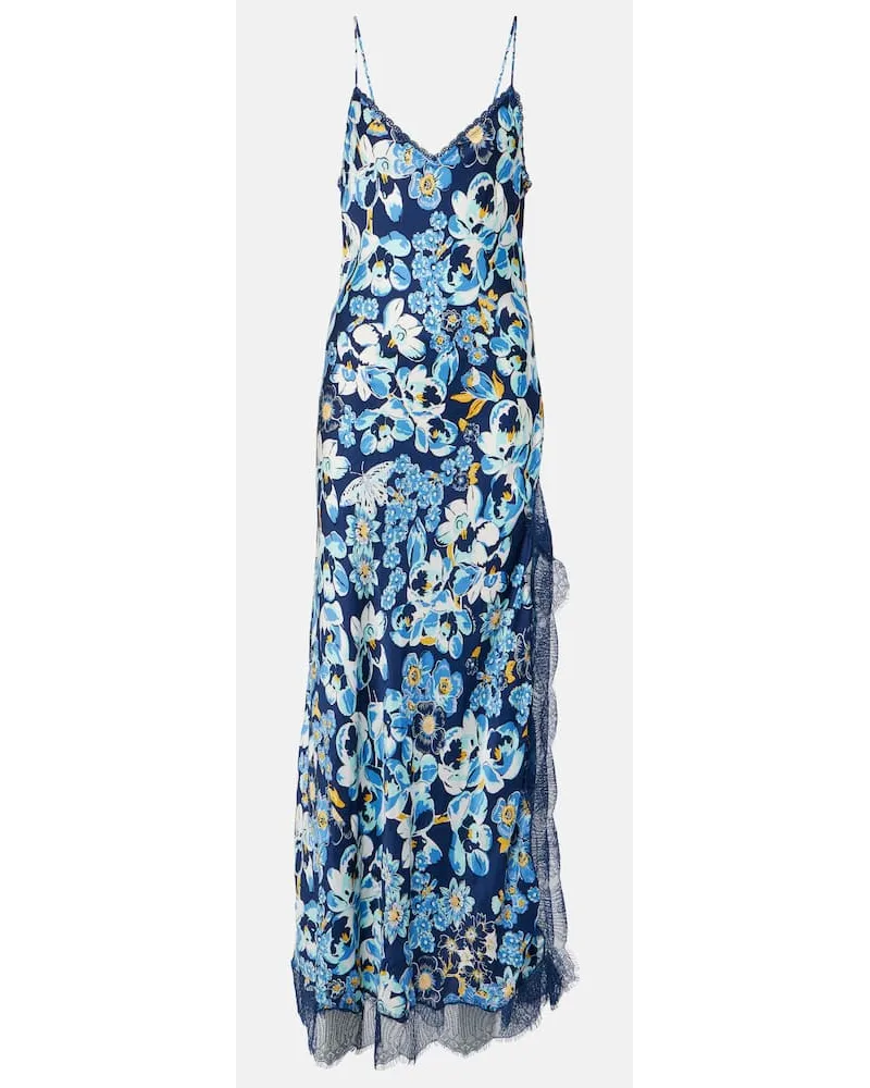 Poupette St Barth Bedrucktes Slipdress mit Spitze Blau