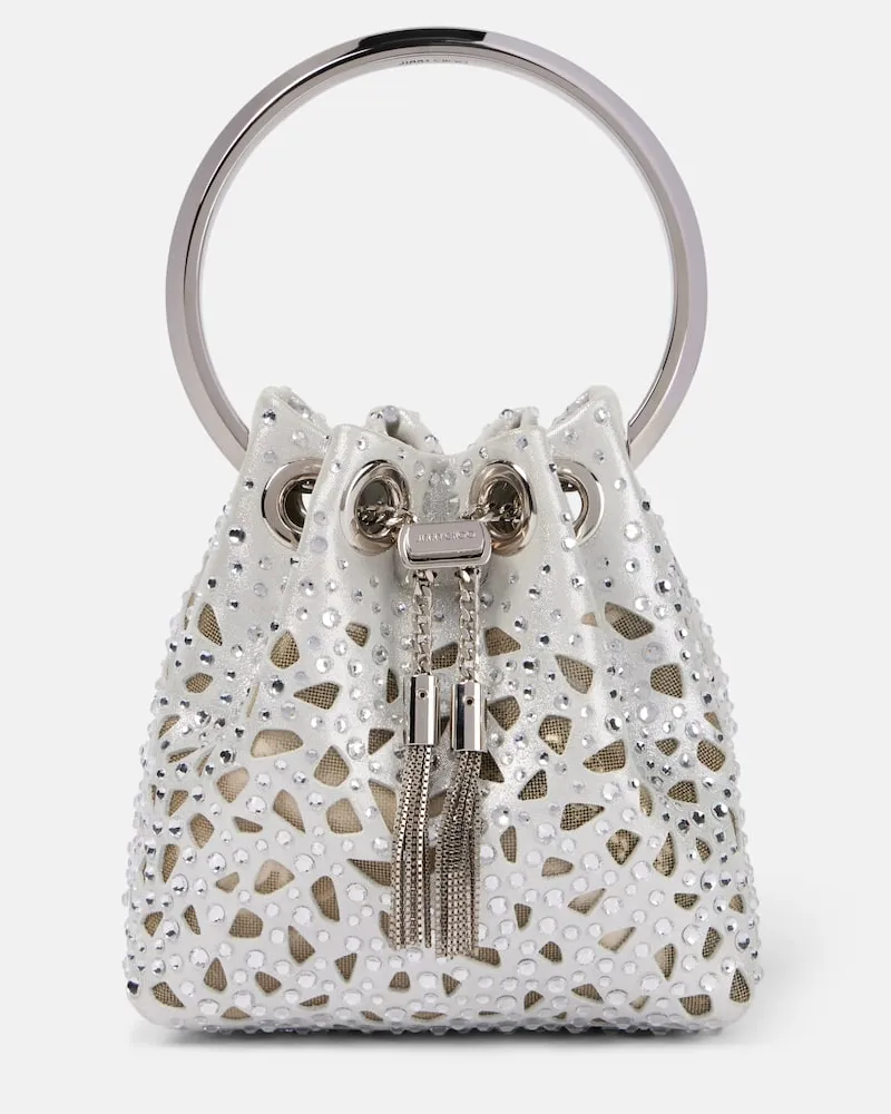 Jimmy Choo Bucket Bag Bon Bon Micro aus Satin mit Kristallen Silber