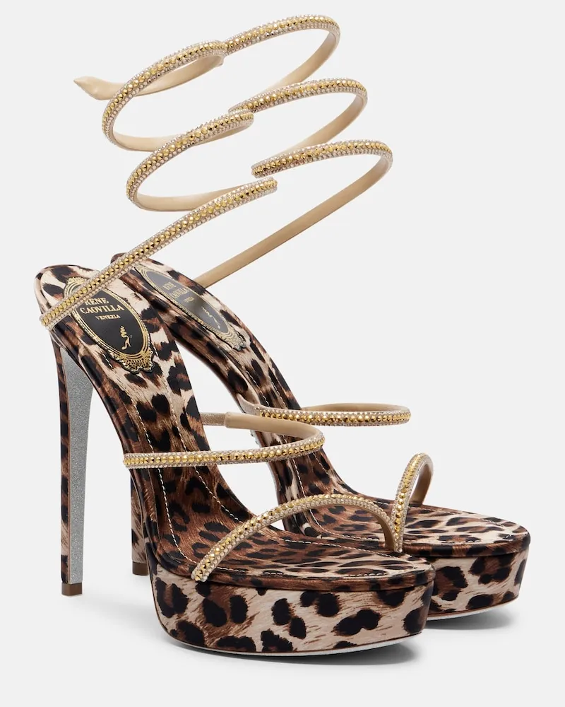 René Caovilla Plateausandalen Cleo aus Satin mit Kristallen Gold