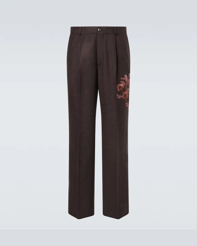 Dries van Noten Bestickte Hose aus Wolle Braun