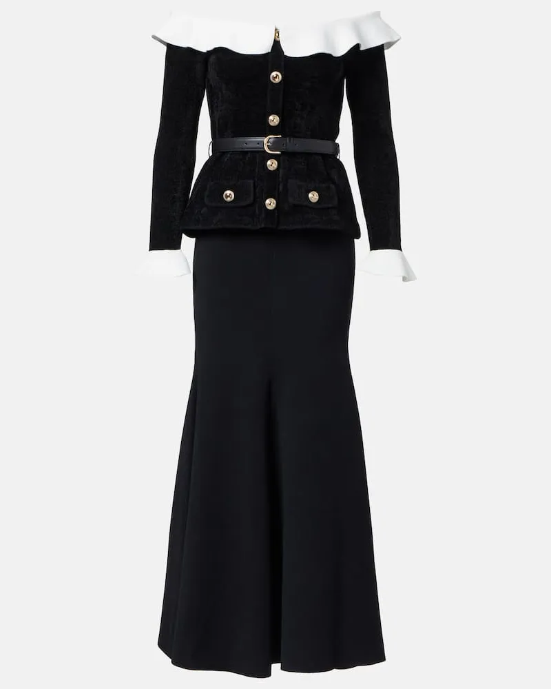 Self-Portrait Off-Shoulder-Midikleid mit Chenille Schwarz