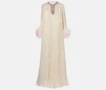 Maxikleid aus Chiffon mit Kristallen und Federn