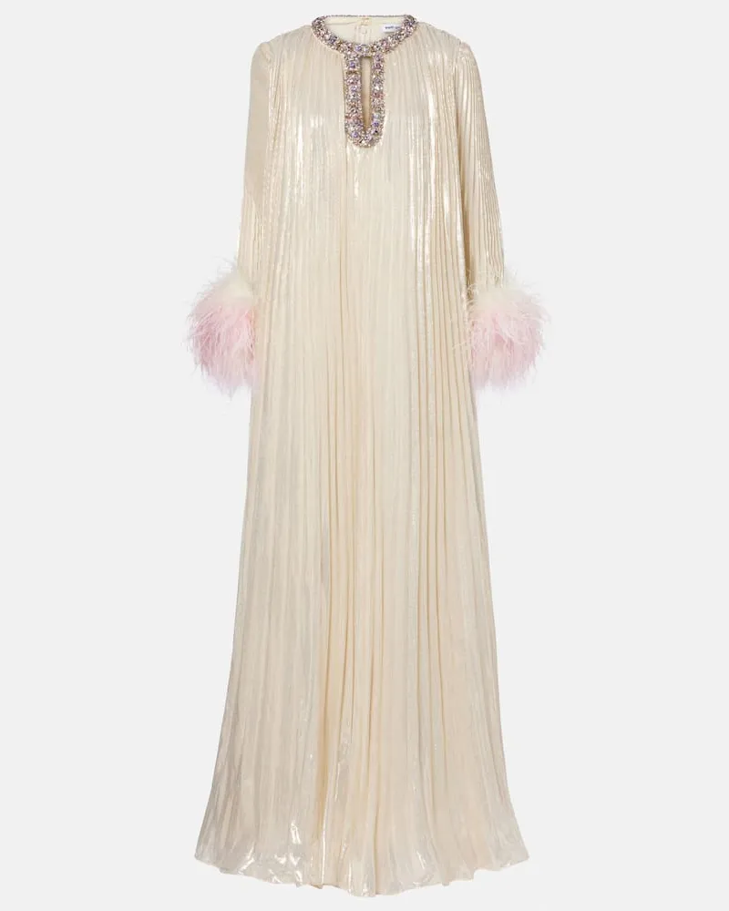 Self-Portrait Maxikleid aus Chiffon mit Kristallen und Federn Beige