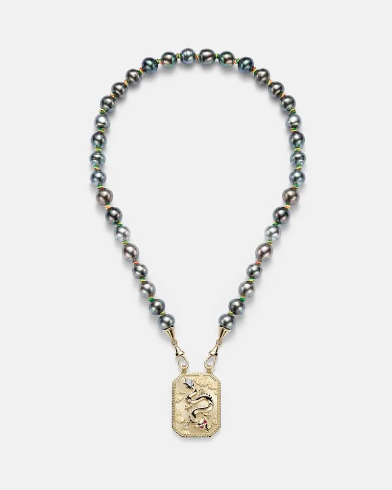 Marie Lichtenberg Halskette Dragon aus Perlen mit 18kt Gelbgold und Rubinen Gold