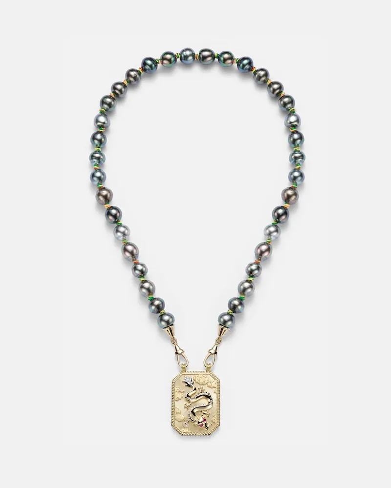 Marie Lichtenberg Halskette Dragon aus Perlen mit 18kt Gelbgold und Rubinen Gold
