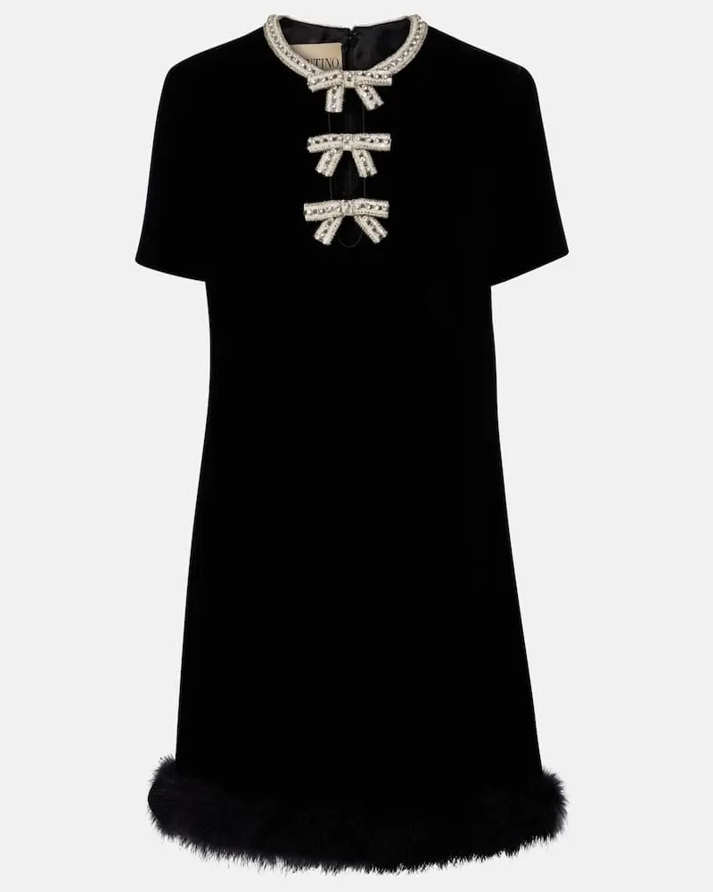 Valentino Garavani Minikleid aus Samt mit Federn und Kristallen Schwarz
