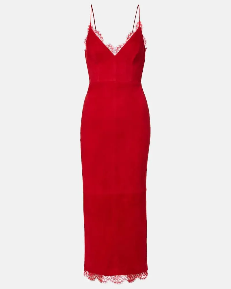 Alex Perry Midikleid aus Veloursleder und Spitze Rot