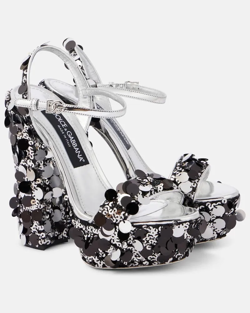 Dolce & Gabbana Plateausandalen Skyla aus Lederimitat mit Pailletten Silber