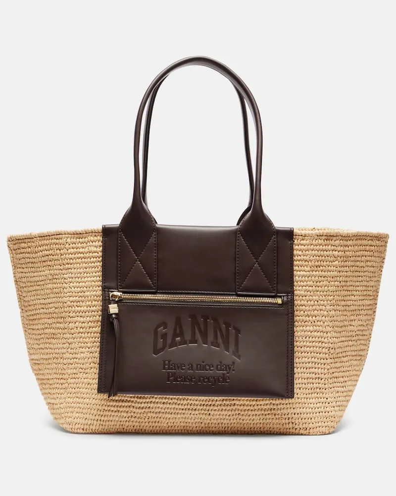 Ganni Tote Bag aus Raffiabast mit Lederimitat Beige