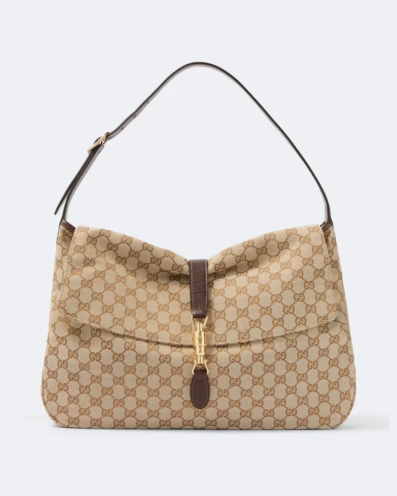 Gucci Schultertasche Jackie Flap Large GG aus Canvas Beige