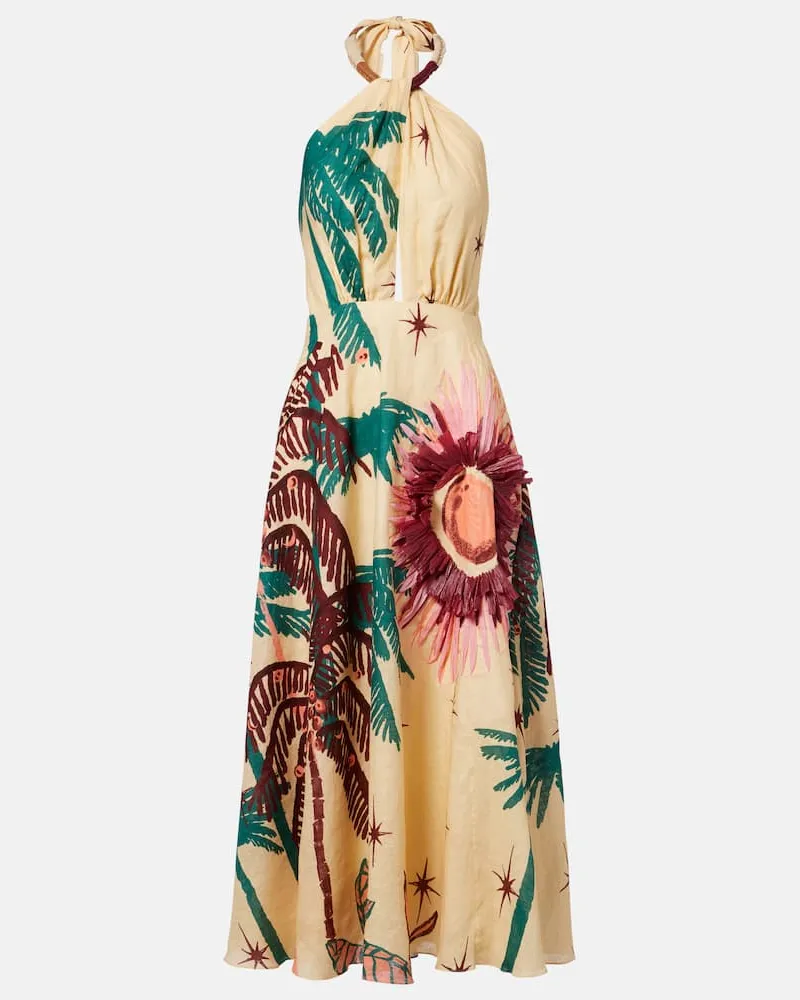 Johanna Ortiz Midikleid aus Leinen Beige