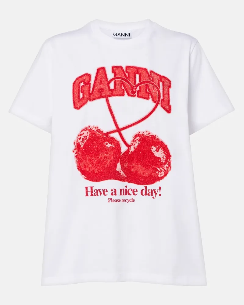 Ganni Verziertes T-Shirt aus Baumwoll-Jersey Weiß