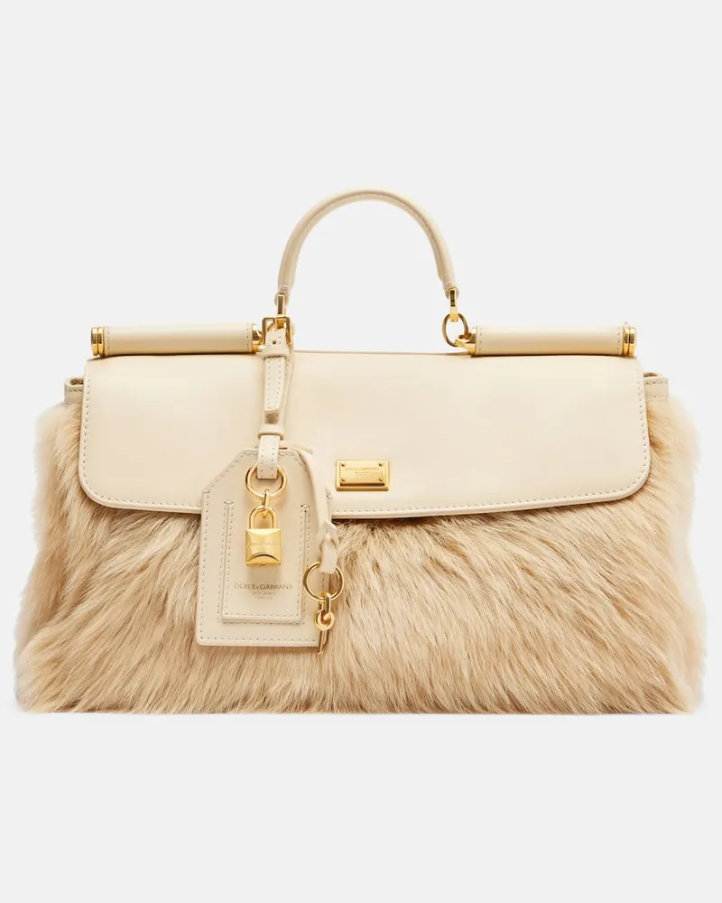 Dolce & Gabbana Henkeltasche Sicily Large aus Leder und Shearling Beige