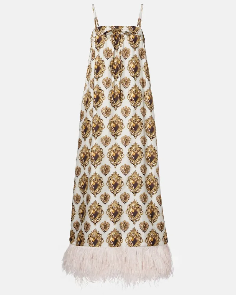 Dolce & Gabbana Bedrucktes Maxikleid aus Seide mit Federn Multicolor