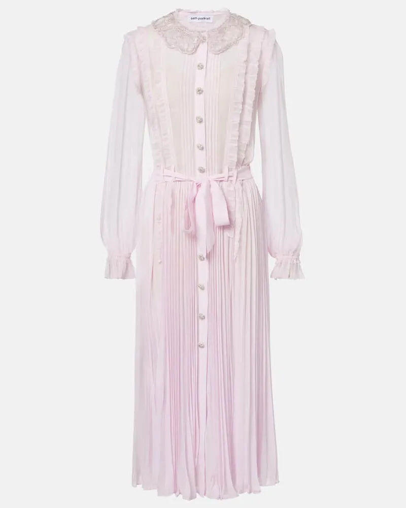 Self-Portrait Verziertes Hemdblusenkleid aus Georgette Pink