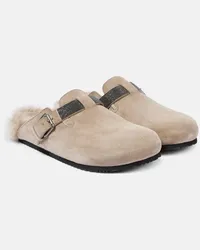 Brunello Cucinelli Verzierte Slippers aus Veloursleder mit Shearling Beige