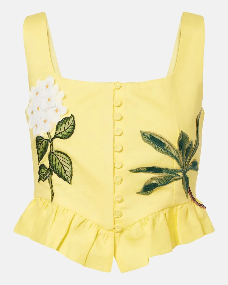 AGUA BENDITA Cropped-Top Eslabón aus Leinen mit Blumen-Applikation Gelb